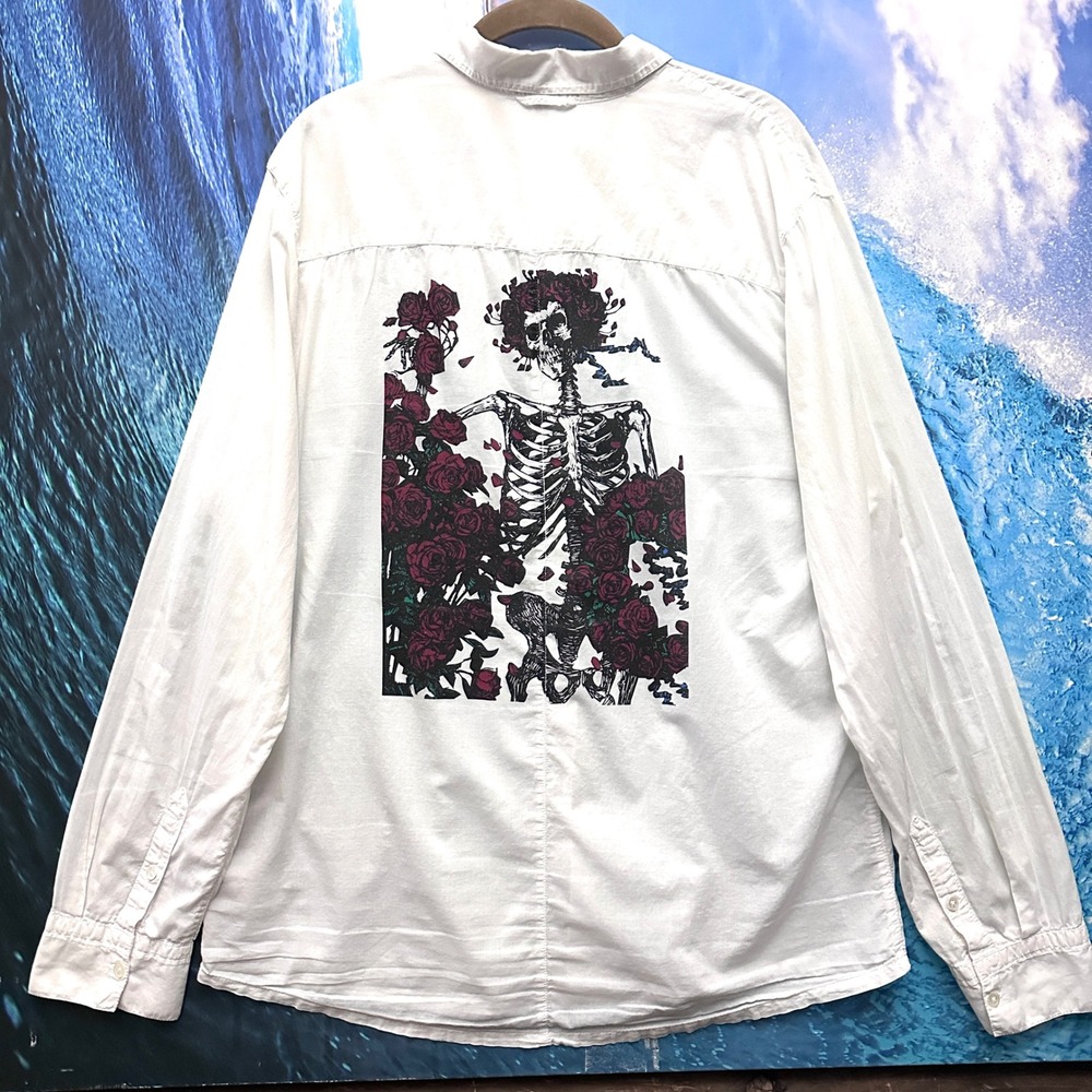 James Perse Sz 3 L Grateful Dead Bertha Skeleton Roses Shirt White grunge